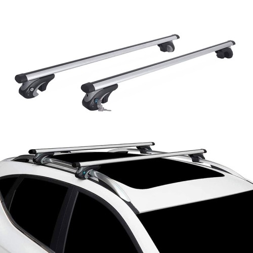 Μπάρες Οροφής Αλουμινίου Rackit Universal 120cm Railing System Σετ Με Πόδια Και Κλειδαριά Ασημί 2 Τεμάχια