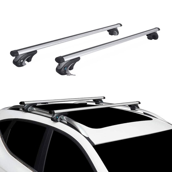 Μπάρες Οροφής Αλουμινίου Rackit Universal 120cm Railing System Σετ Με Πόδια Και Κλειδαριά Ασημί 2 Τεμάχια