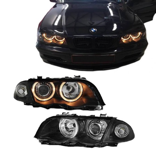 Μπροστινά Φανάρια Set Για Bmw 3 E46 Sedan/Caravan 99-01 Angel Eyes Μαύρα H7/H7 Με Μοτέρ Depo