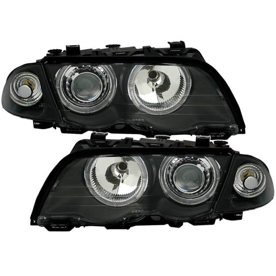 Μπροστινά Φανάρια Set Για Bmw 3 E46 Sedan/Caravan 99-01 Angel Eyes Μαύρα H7/H7 Με Μοτέρ Depo