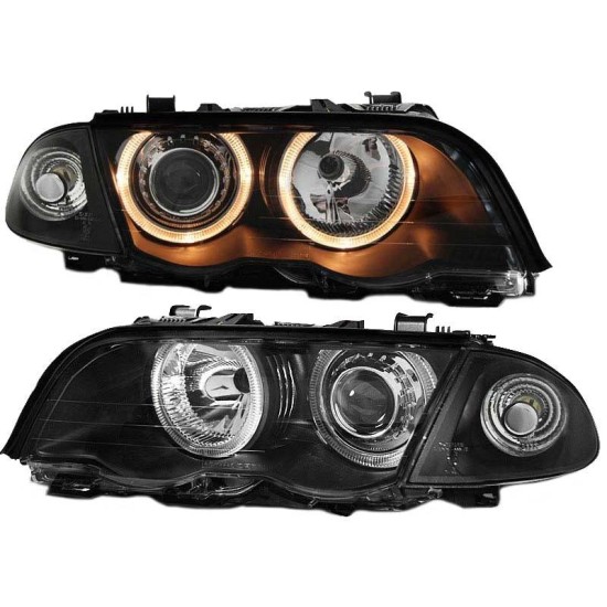 Μπροστινά Φανάρια Set Για Bmw 3 E46 Sedan/Caravan 99-01 Angel Eyes Μαύρα H7/H7 Με Μοτέρ Depo