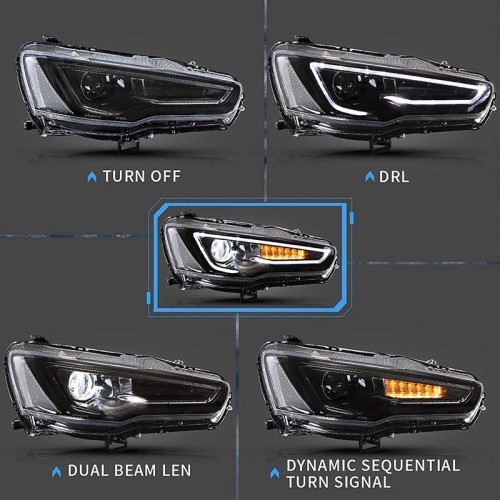 Μπροστινά Φανάρια Set Για Mitsubishi Lancer 07-17 DRL Led Tube & Dynamic Φλας Μαύρο/Χρώμιο H7 Manual VLAND