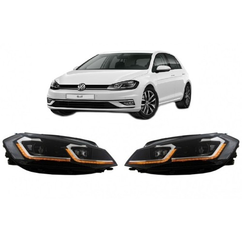 Μπροστινά Φανάρια Set Για Vw Golf 7.5 17-19 Facelift DRL & Dynamic Signal Μαύρα Με Χρώμιο Γραμμή H7 Με Μοτέρ Carner