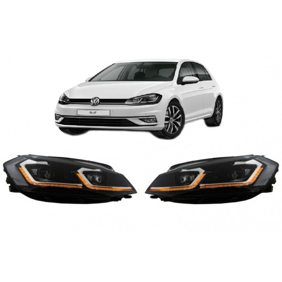 Μπροστινά Φανάρια Set Για Vw Golf 7.5 17-19 Facelift DRL & Dynamic Signal Μαύρα Με Χρώμιο Γραμμή H7 Με Μοτέρ Carner