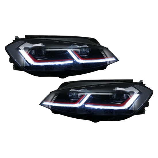 Μπροστινά Φανάρια Set Για Vw Golf 7.5 17-19 Facelift DRL & Dynamic Signal Μαύρα Με Κόκκινη Γραμμή GTI Look H7 Με Μοτέρ Carner
