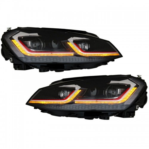 Μπροστινά Φανάρια Set Για Vw Golf VII (7) 12-17  Look 7.5 GTI Μαύρα/ Κόκκινη Γραμμή H7 Με Μοτέρ Carner