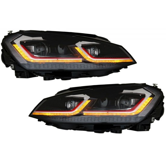 Μπροστινά Φανάρια Set Για Vw Golf VII (7) 12-17  Look 7.5 GTI Μαύρα/ Κόκκινη Γραμμή H7 Με Μοτέρ Carner