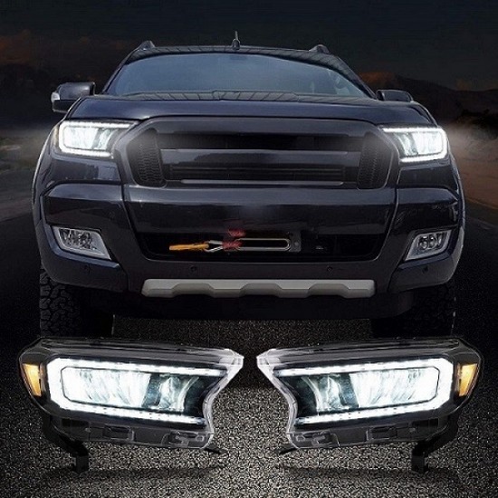 Μπροστινά Φανάρια Set Για Ford Ranger 15-20 DRL Dynamic Μαύρα Full Led Με Μοτέρ VLand
