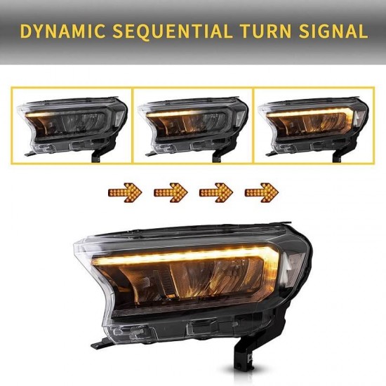 Μπροστινά Φανάρια Set Για Ford Ranger 15-20 DRL Dynamic Μαύρα Full Led Με Μοτέρ VLand