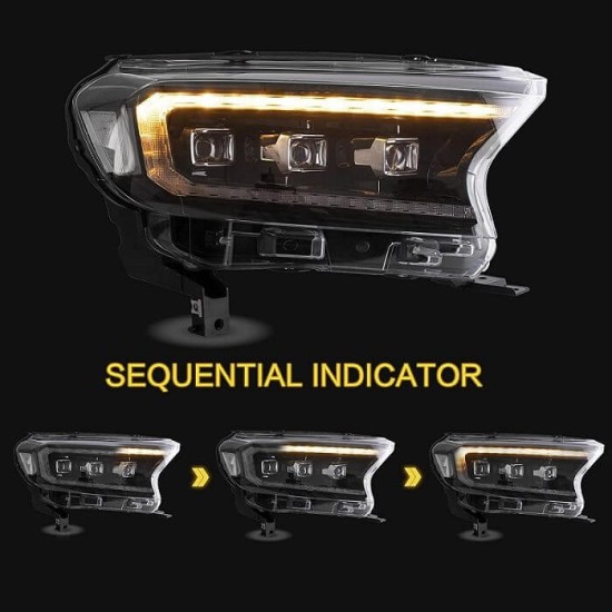 Μπροστινά Φανάρια Set Για Ford Ranger 15-20 DRL Dynamic Start Up Μαύρα Full Led Με Μοτέρ VLand