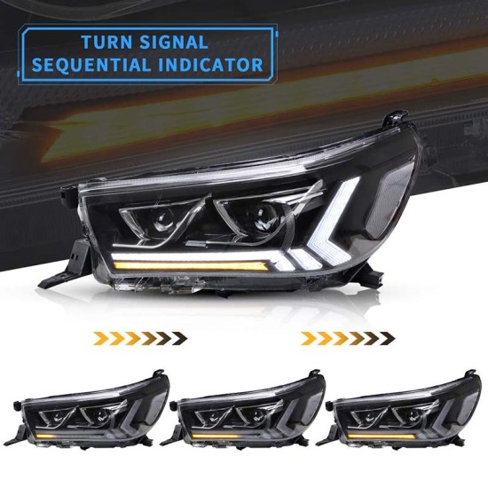 Μπροστινά Φανάρια Set Για Toyota Hilux Revo 15-19 Με Dynamic Start DRL &  Φλας Μαύρα Με Μοτέρ VLand