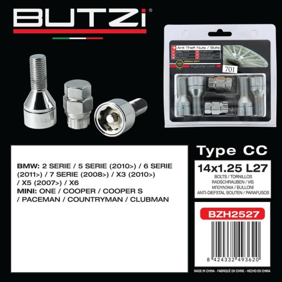 Αντικλεπτικά Μπουλόνια Ασφαλείας Butzi Premium Kit 6 pcs Με Μοναδικό Κλειδί-Εργαλείο Type-CC M14x1.25 L27 T17