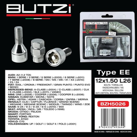 Αντικλεπτικά Μπουλόνια Ασφαλείας Butzi Premium Kit 6 pcs Με Μοναδικό Κλειδί-Εργαλείο Type-EE M12x1.5 L26 T17