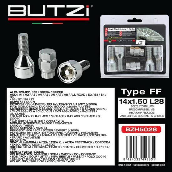 Αντικλεπτικά Μπουλόνια Ασφαλείας Butzi Premium Kit 6 pcs Με Μοναδικό Κλειδί-Εργαλείο Type-FF M14x1.50 L28 T17