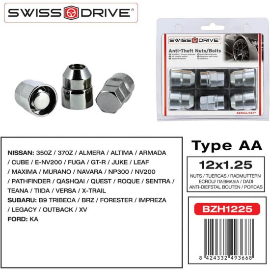 Αντικλεπτικά Μπουλόνια Ασφαλείας Butzi Premium Kit 6 pcs Με Μοναδικό Κλειδί-Εργαλείο Type-AA M12x1.25
