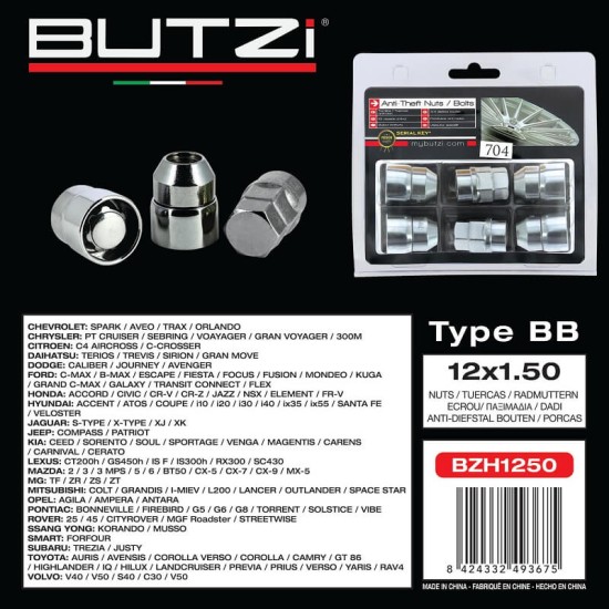 Αντικλεπτικά Μπουλόνια Ασφαλείας Butzi Premium Kit 6 pcs Με Μοναδικό Κλειδί-Εργαλείο Type-BB M12x1.50 T19
