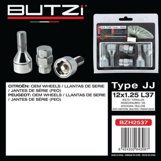 Αντικλεπτικά Μπουλόνια Ασφαλείας Butzi Pro Kit 6 pcs Με Μοναδικό Κλειδί-Εργαλείο Type-JJ M12x1.25 L37 T17