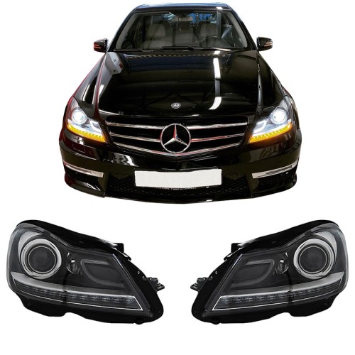Μπροστινά Φανάρια Set Για Mercedes-Benz C-Class W204 11-14 DRL & Led Φλας Μαύρα H7 Με Μοτέρ