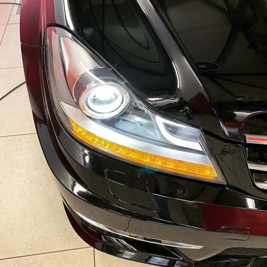 Μπροστινά Φανάρια Set Για Mercedes-Benz C-Class W204 11-14 DRL & Led Φλας Μαύρα H7 Με Μοτέρ