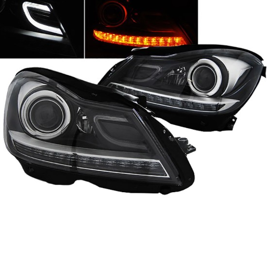 Μπροστινά Φανάρια Set Για Mercedes-Benz C-Class W204 11-14 DRL & Led Φλας Μαύρα H7 Με Μοτέρ