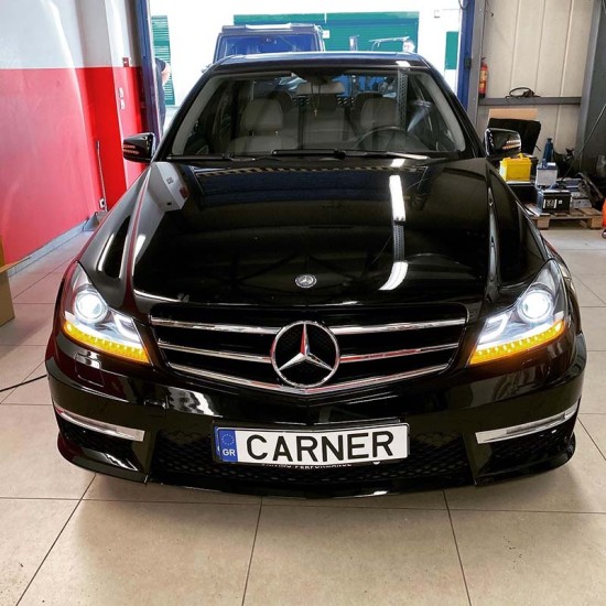 Μπροστινά Φανάρια Set Για Mercedes-Benz C-Class W204 11-14 DRL & Led Φλας Μαύρα H7 Με Μοτέρ