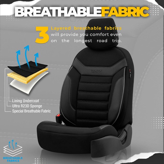 Καλύμματα Αυτοκινήτου Otom Individual Design Universal Jacquard / Rachel / Δερματίνη Σετ Εμπρός / Πίσω 11 Τεμαχίων Μαύρο Με Γκρι Ραφές IND-202