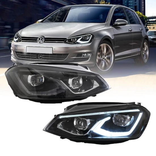 Μπροστινά Φανάρια Set Για Vw Golf VΙI (7) 12-17 Mk8 Golf Look Dynamic Start DRL & Φλας Μαύρα Full Led Με Μοτέρ VLand