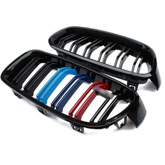 Καρδιές Μάσκας Για Bmw 3 F30 / F31 11-18 M4 Look Με Διπλή Γρίλια Tri-Color Μαύρο Γυαλιστερό 2 Τεμάχια