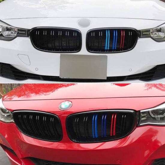 Καρδιές Μάσκας Για Bmw 3 F30 / F31 11-18 M4 Look Με Διπλή Γρίλια Tri-Color Μαύρο Γυαλιστερό 2 Τεμάχια
