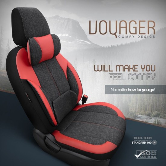 Καλύμματα Αυτοκινήτου Otom Voyager Universal Λινό Ύφασμα / Rachel / Δερματίνη Σετ Εμπρός / Πίσω 13 Τεμαχίων Μαύρο Με Κόκκινο VYG-104