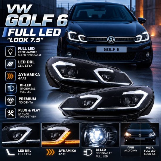 Μπροστινά Φανάρια Set Για Vw Golf VI (6) 08-12 DRL & Led Signal Dynamic Look Golf 7,5 Μαύρα Με ασημί Γραμμή Full Led Με Μοτέρ Carner