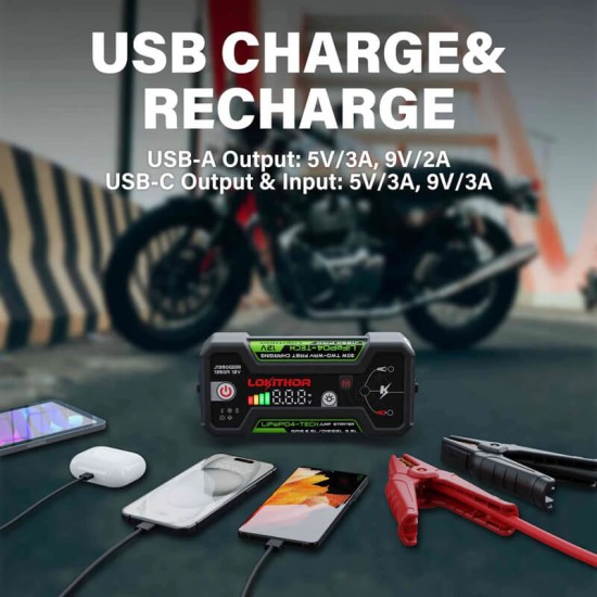 Εκκινητής Μπαταριών Αυτοκινήτου, Powerbank, Φακός Led 3 Σε1 Lokithor J1350 Pro LifePO4 12 Volt 1350A