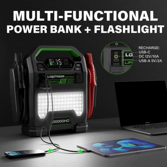 Επαγγελαμτικός Εκκινητής Μπαταριών , Powerbank, Φακός Led 3 Σε1 Lokithor J10000HD 12 Volt 10000A / 24V 5000A