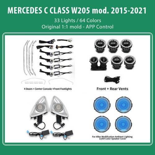 Ambient Light Full Kit Για Mercedes-Benz C-Class W205 15-18 Με 33 Φώτα / 64 Χρώματα