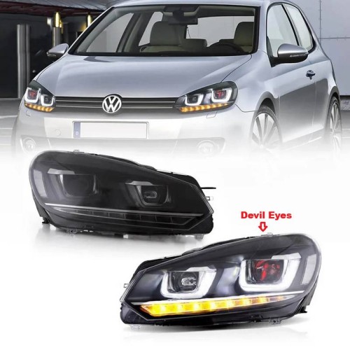 Μπροστινά Φανάρια Set Για Vw Golf VΙ (6) 08-12 DRL U-Type & Dynamic Φλας & Devil Eye Μαύρα H7/H7 Με Μοτέρ VLand