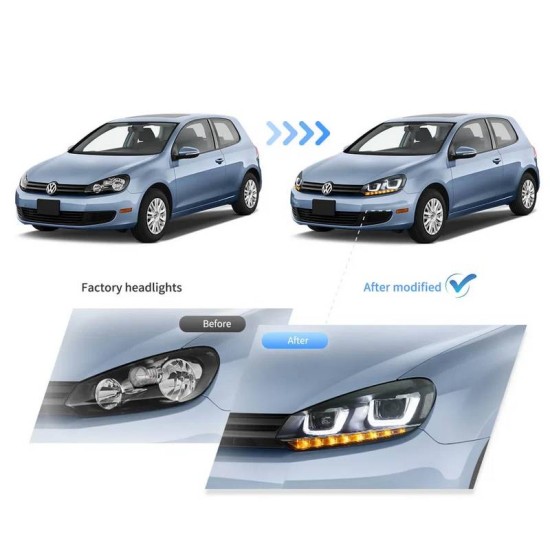 Μπροστινά Φανάρια Set Για Vw Golf VΙ (6) 08-12 DRL U-Type & Dynamic Φλας & Devil Eye Μαύρα H7/H7 Με Μοτέρ VLand