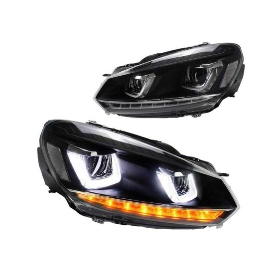 Μπροστινά Φανάρια Set Για Vw Golf VΙ (6) 08-12 DRL U-Type & Dynamic Φλας & Devil Eye Μαύρα H7/H7 Με Μοτέρ VLand