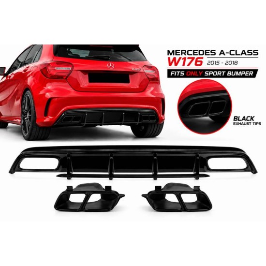 Diffuser Πίσω Προφυλακτήρα Για Mercedes-Benz A-Class W176 15-18 A45 Amg Look Με Μπούκες Μαύρες -00---00-